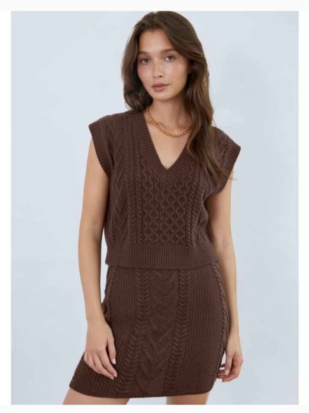 Babaton Brown Cable Knit Mini Skirt